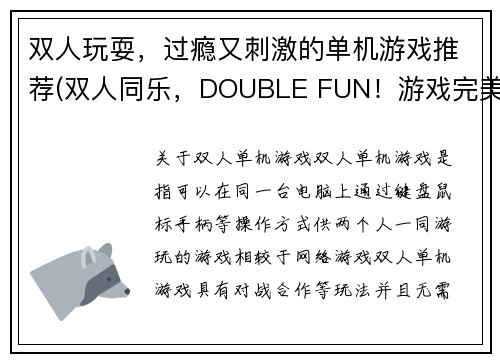 双人玩耍，过瘾又刺激的单机游戏推荐(双人同乐，DOUBLE FUN！游戏完美推荐)